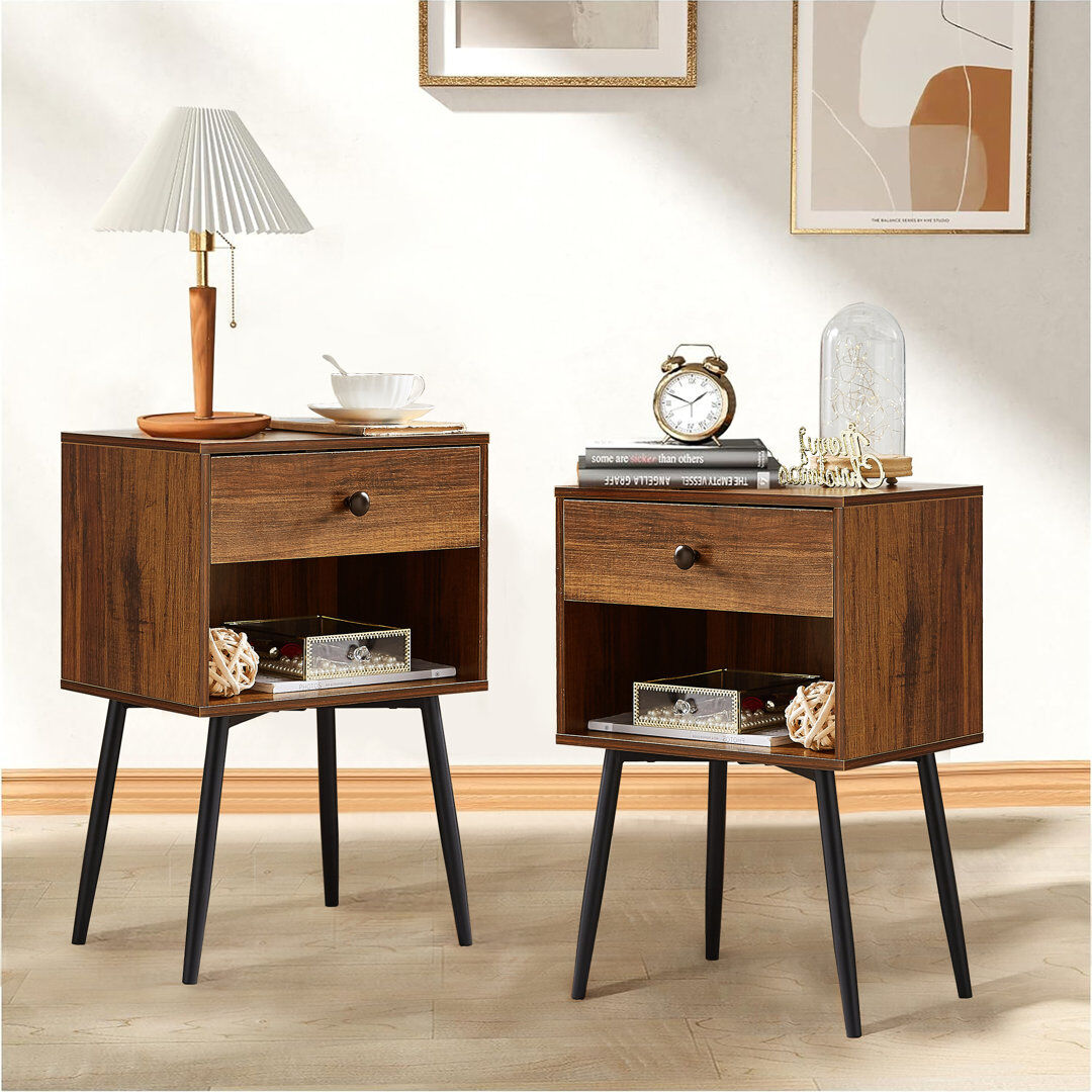 George Oliver Mid Century Modern Bedside Table, Nightstands with Storage Drawer and 2 Tiers Open Shelf, Side End Table With Stable Metal Frame for Small Place, Bedr Brown 60cm H X 30cm W X 40cm D