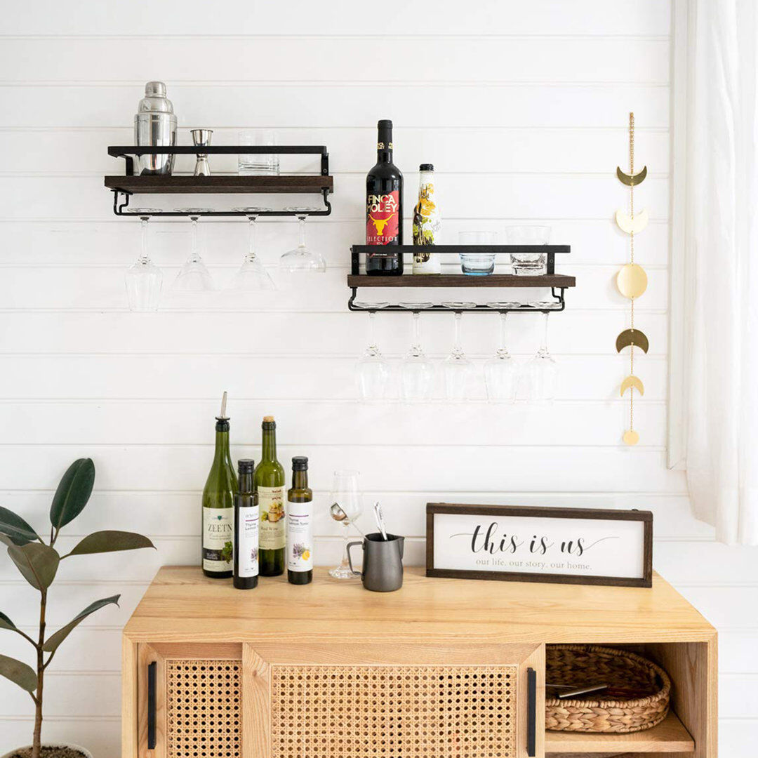 Rebrilliant Dory 6 Bottle Wall Mounted Wine Bottle & Glass Rack Brown/Black 12.9cm H X 42.92cm W X 16cm D