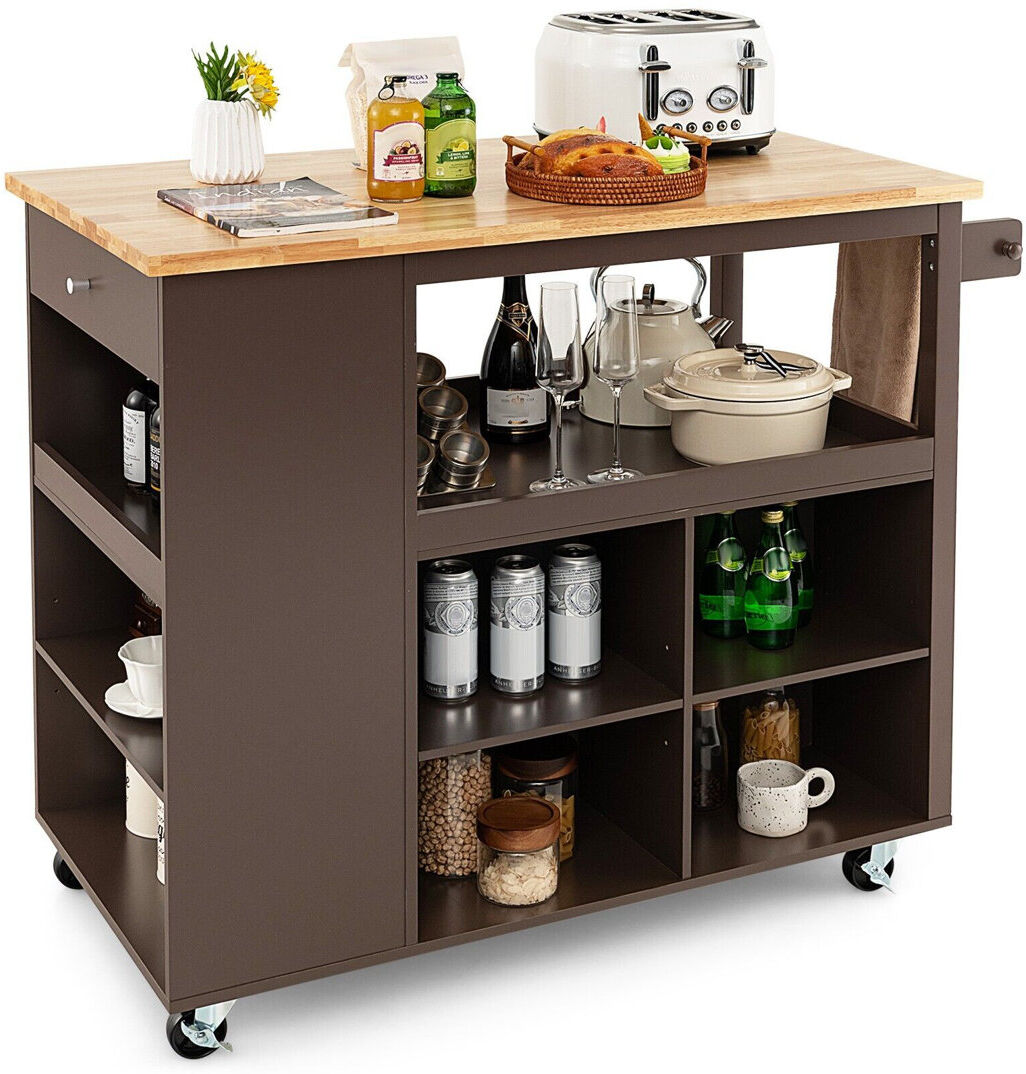 Latitude Run Kitchen Island Rolling Storage Trolley Cart Cupboard With 4 Adjustable Shelves Brown 98.5cm H X 116.5cm W X 60cm D