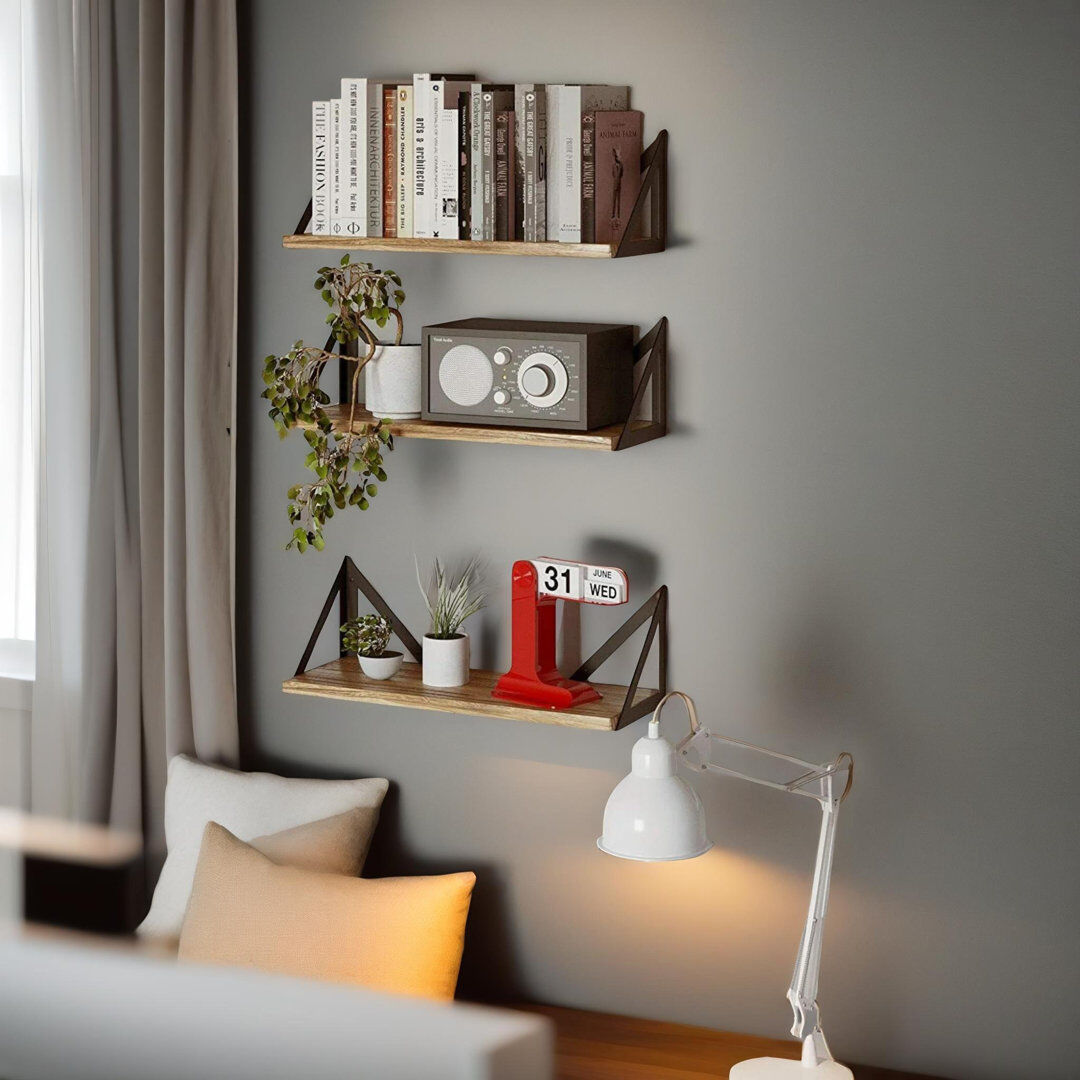 ClassicLiving Adagio Rustic Wooden 3 Floating Shelf Set Wall Mounted Storage Shelves Display Rack Black;Brown 12cm H X 42cm W X 15cm D