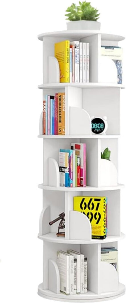 Ebern Designs 5 Tier Rotating Bookshelf Floor Standing Revolving Bookcase With Baffle Solid Storage Rack Corner Shelves Spinning Multi-Functional Display Organizer White 159cm H X 46cm W X 46cm D