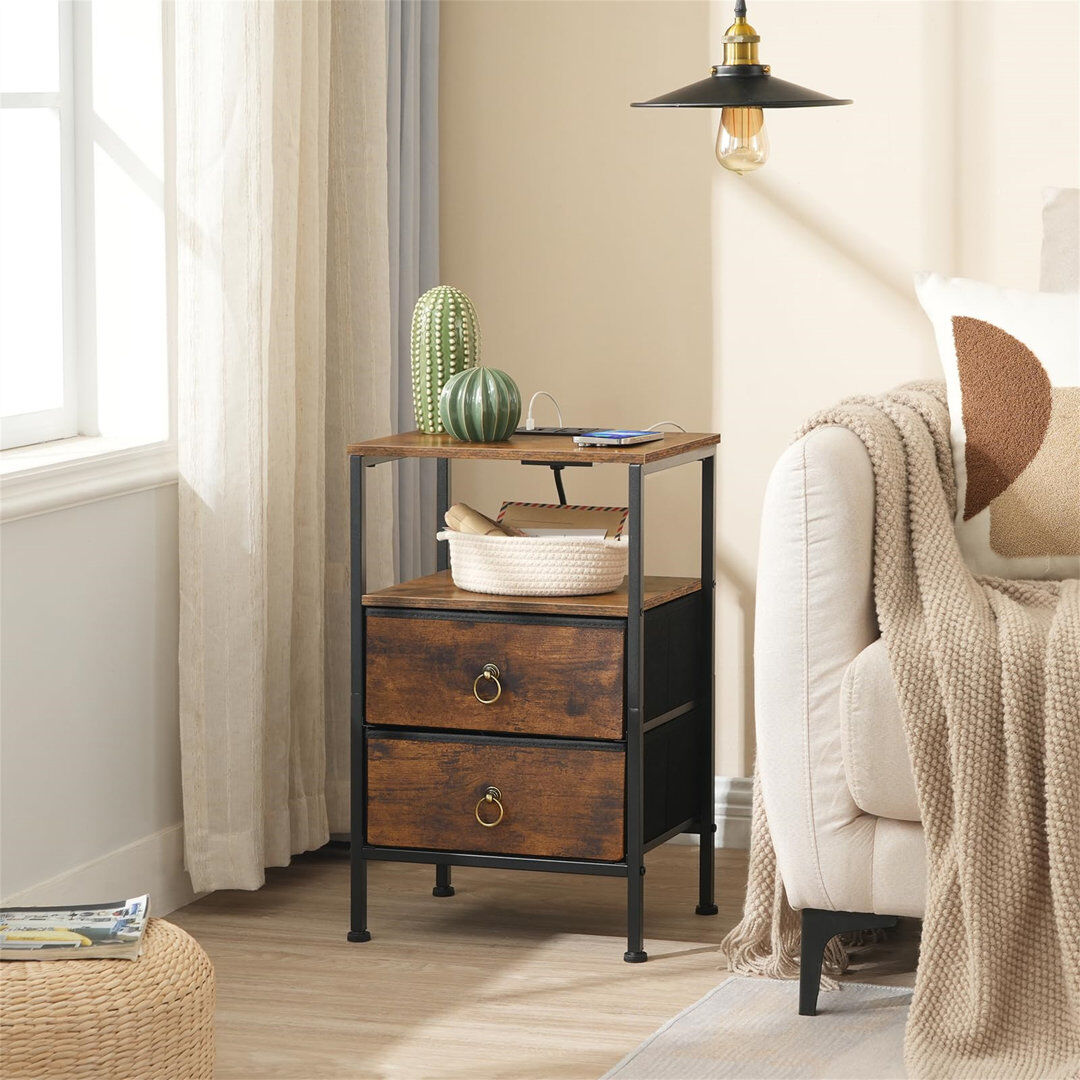 Borough Wharf Side Table With Charging Station, Bedside Table With 2 USB Ports And Outlet, End Table With 2 Fabric Drawers, Sofa Side Table, Nightstand For Small Sp Black;Brown 60cm H X 38cm W X 28cm D