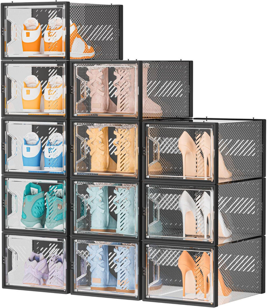 Rebrilliant Large Shoe Storage Box,12 Pcs Shoe Box Plastic Stackable, Shoe Organizer Containers With Lids,Fit UK 12 Black 12