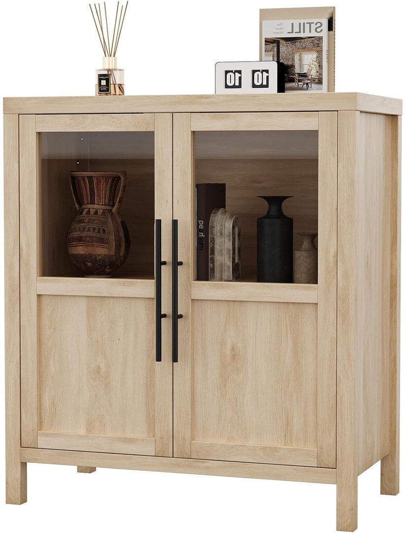 Brambly Cottage 29" Large Buffet Sideboard Cabinet with 2 Glass Doors and Shelves, Modern Farmhouse Storage Cabinet Table for Kitchen Dining Room, Living Room, Hallwa Beige 86cm H X 73.2cm W X 40cm D