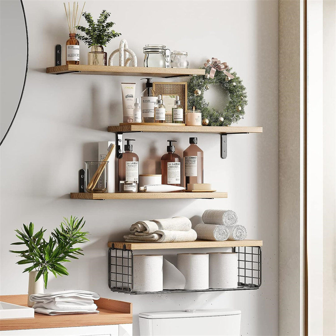 Lily Manor 4+1 Tier Floating Shelves, Rustic Wood Wall Mounted Shelf, Bathroom Shelves Over Toilet With Wire Storage Basket, Farmhouse Wall Decor For Bedroom, Ki Matte Black;Oil Rubbed Bronze 42cm H X 15cm W X 42cm D