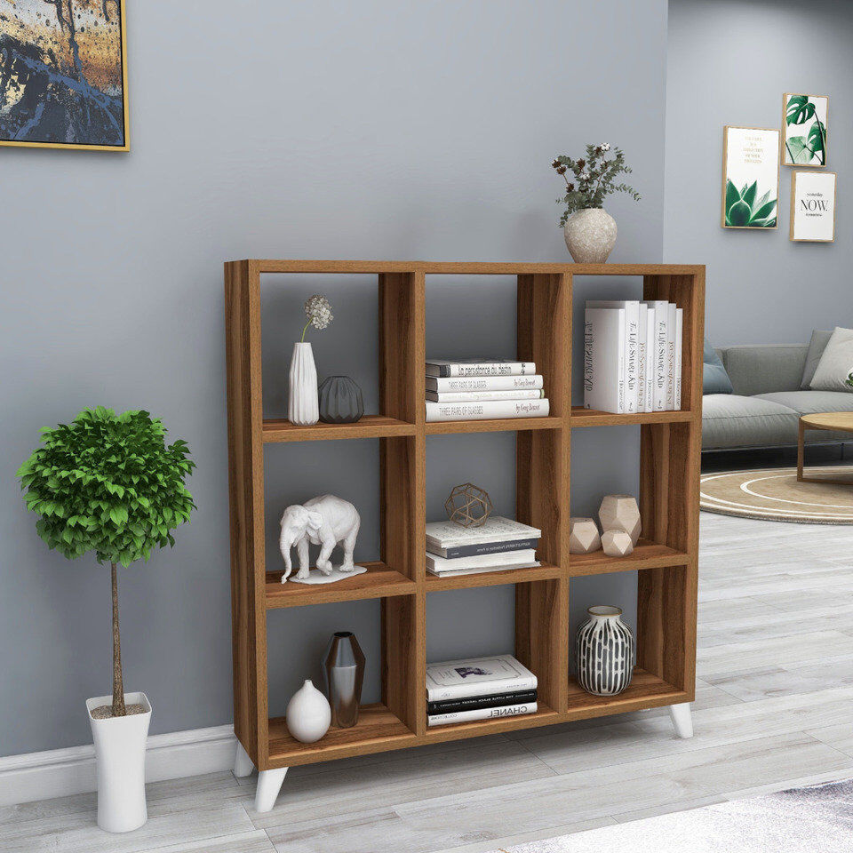 Norden Home 9 Cube Square Bookcase With Legs Cabinet Storage Shelving Display Wood Shelf Walnut 100.3cm H X 88.2cm W X 20cm D