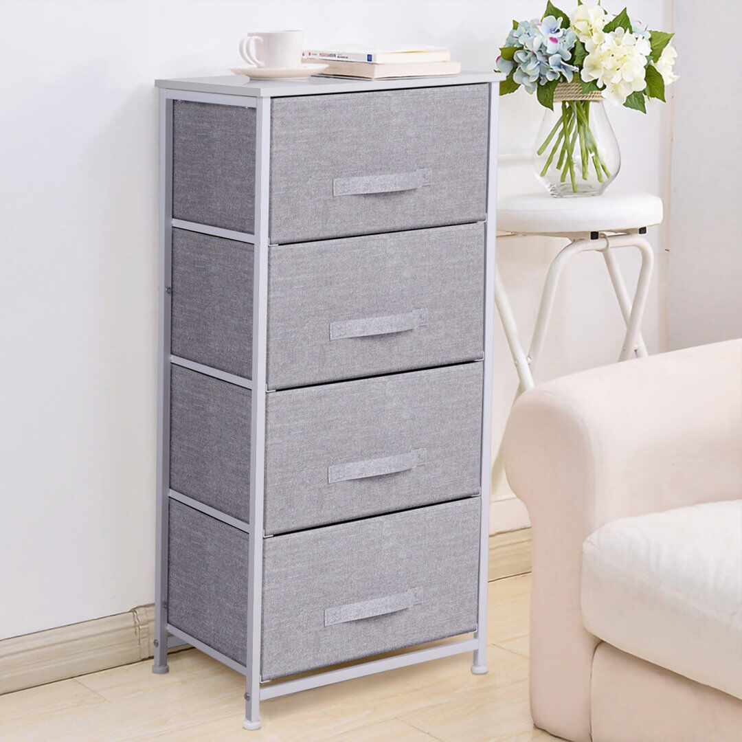 17 Stories Chest Of Drawers, Storage Wardrobe Cabinet With 4 Grey Fabric Drawers & Metal Frame, Cloth Organizer Unit For Living Room, Bedroom, Dorm Room, Hallway Grey 54cm H X 100cm W X 30cm D