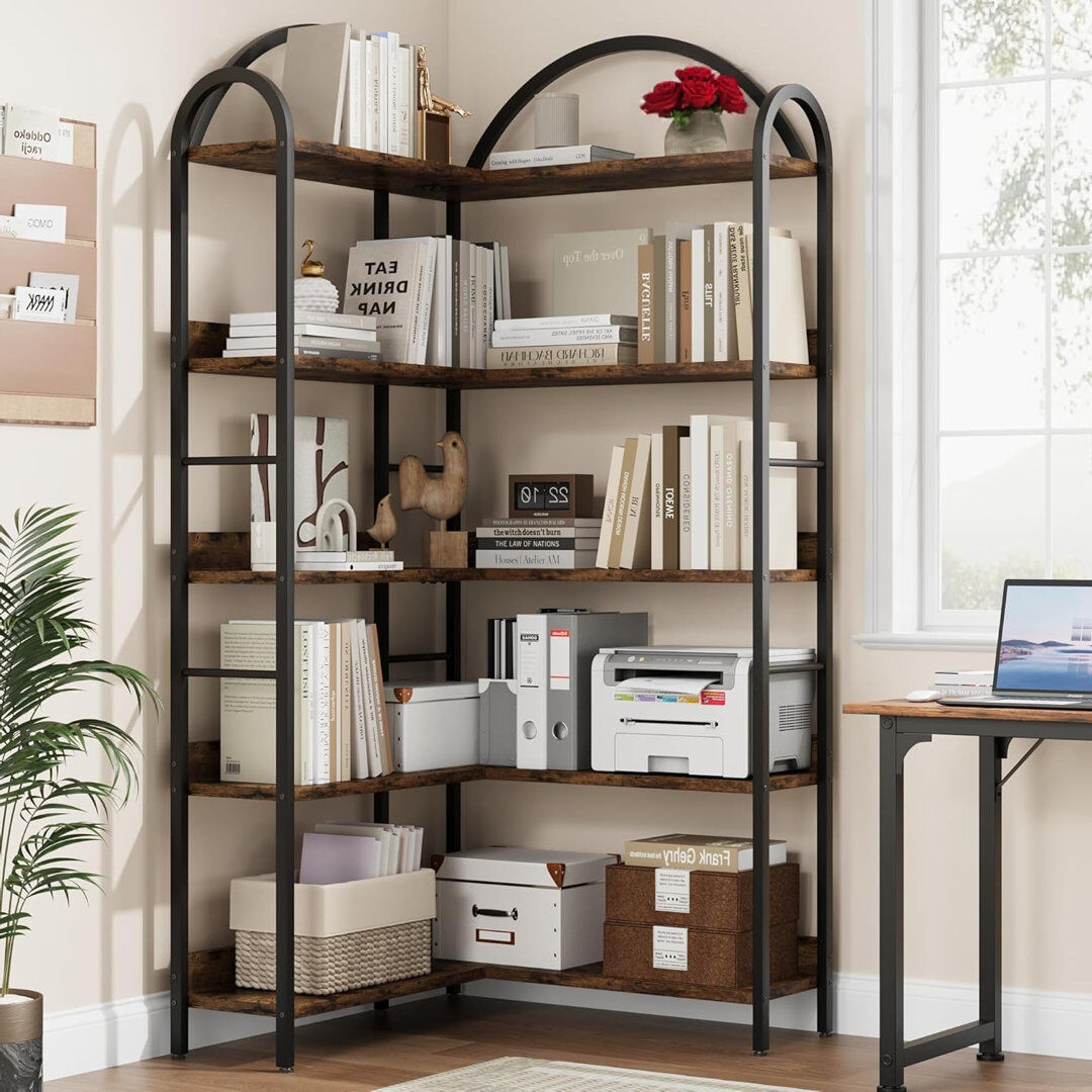 Borough Wharf Corner Bookshelf, L Shaped Industrial Metal Frame 5 Tier Arched Etagere Shelf for Living Room & Bedroom Brown 173.99cm H X 54.1cm W X 23.88cm D