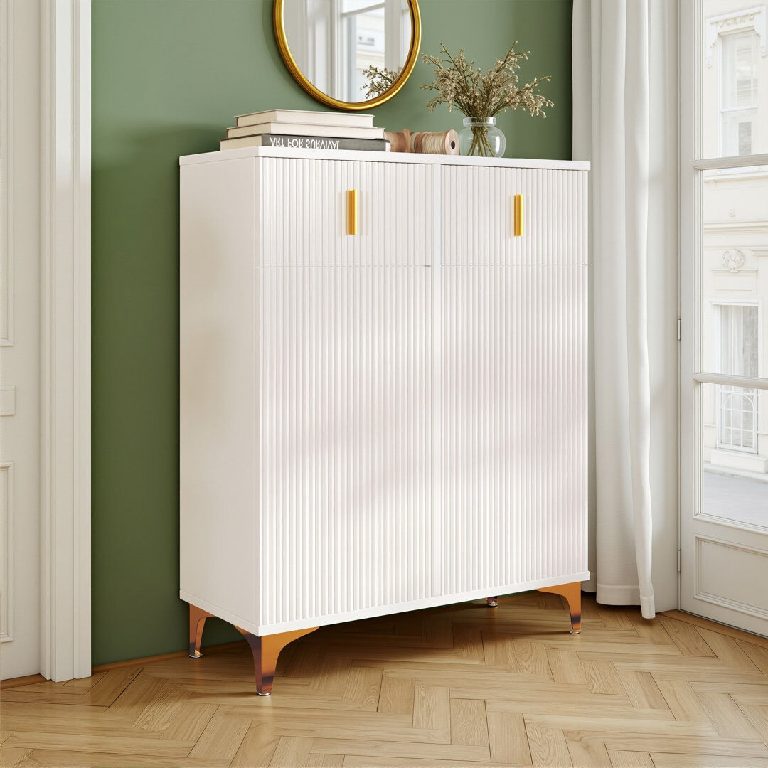 Fairmont Park Modern Ribbed Sideboard With Door Cabinet & 2 Drawers, Accent Buffet Cabinet With Adjustable Shelves, Shoe Cabinet With Gold Details White 101cm H X 83cm W X 35cm D