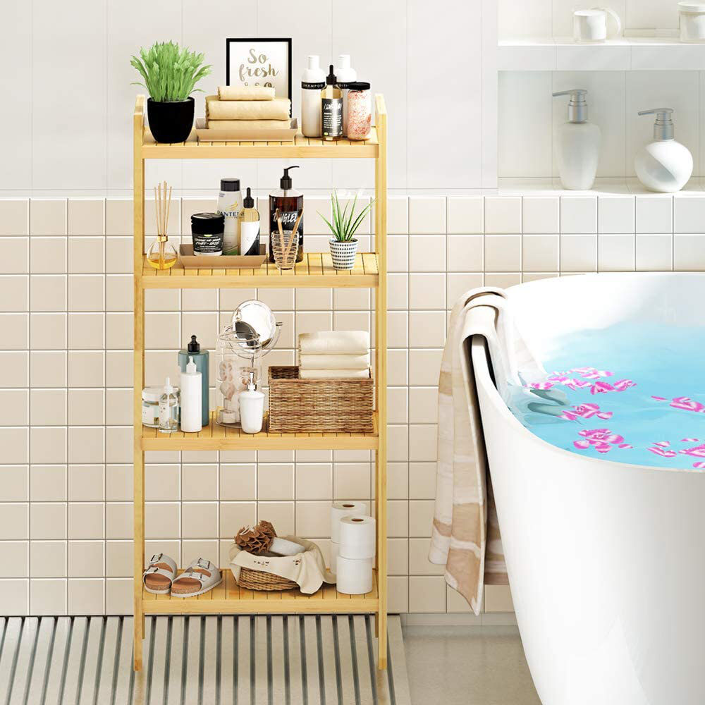 Belfry Bathroom Bamboo Storage Shelf, Adjustable 4 Tier Bathroom Kitchen Shelving Unit Free Standing, Utility Organizer Bookshelf Flower Stand Display Rack 51.7X26x11 Wood 113cm H X 51.7cm W X 26cm D