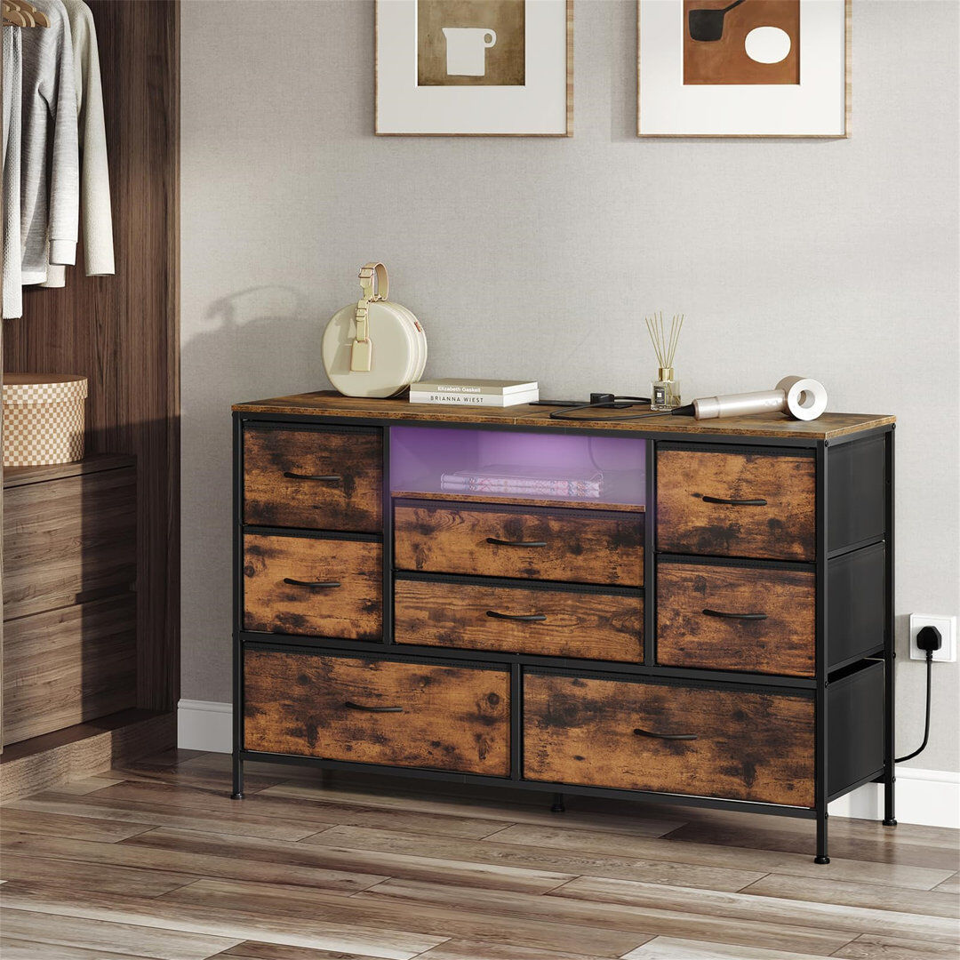 Borough Wharf Chest Of 8 Drawers, Dressing Table With Charging Station, TV Cabinet With LED, 2 Sockets And 2 USB, Fabric Drawer Unit Brown