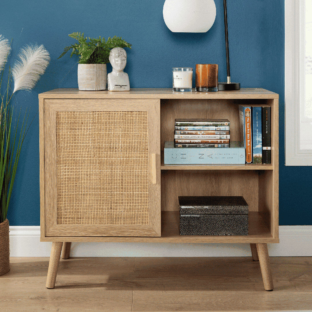 17 Stories Anelise 1 Rattan Door Open Shelving Sideboard Cabinet Storage Unit Brown 67cm H X 80cm W X 39cm D