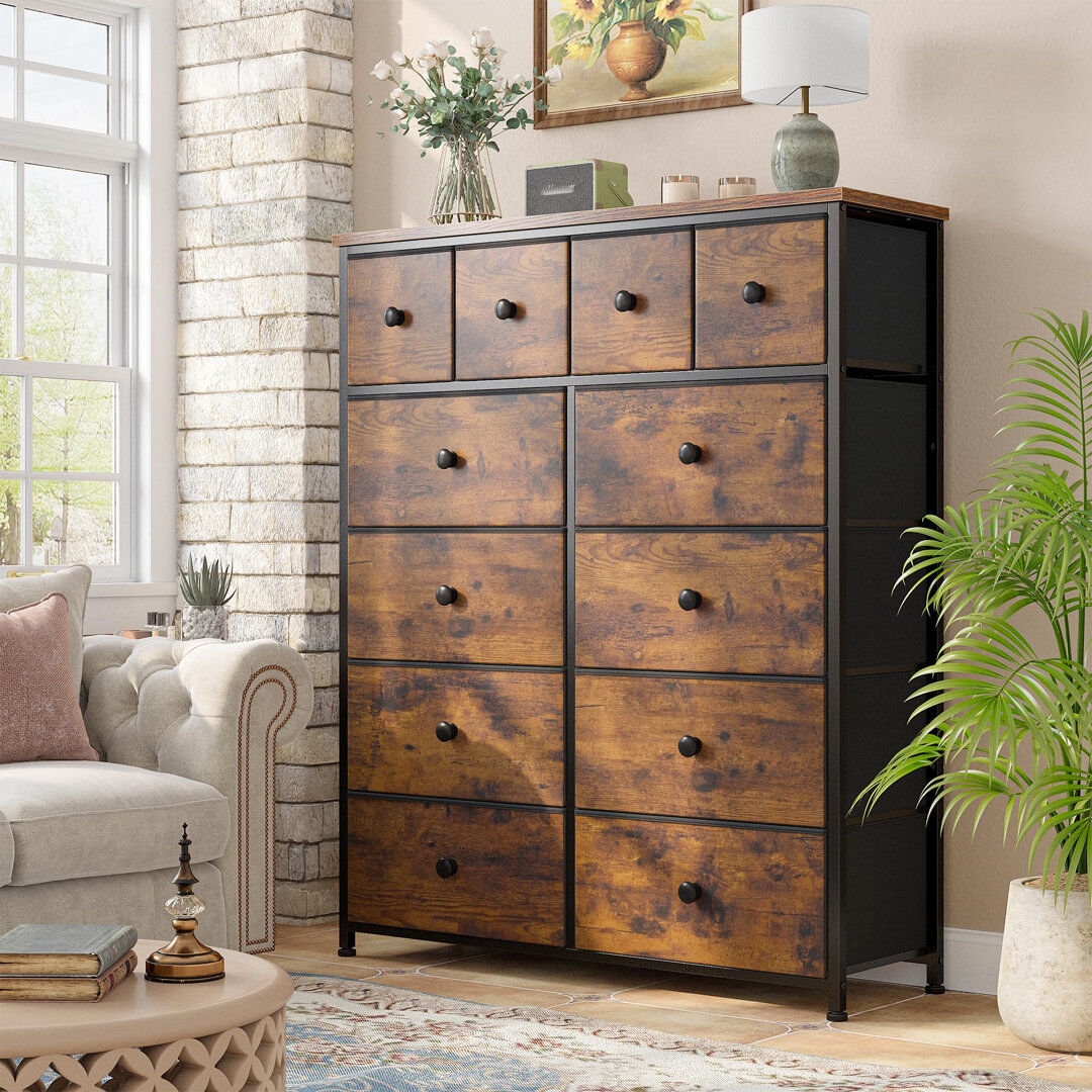 Rio Chest Of Drawers, 5 Layers 12 Drawers, Bedroom Tall Chest Of Drawers, Dresser Fabric Drawers Brown 113cm H X 103cm W X 30cm D