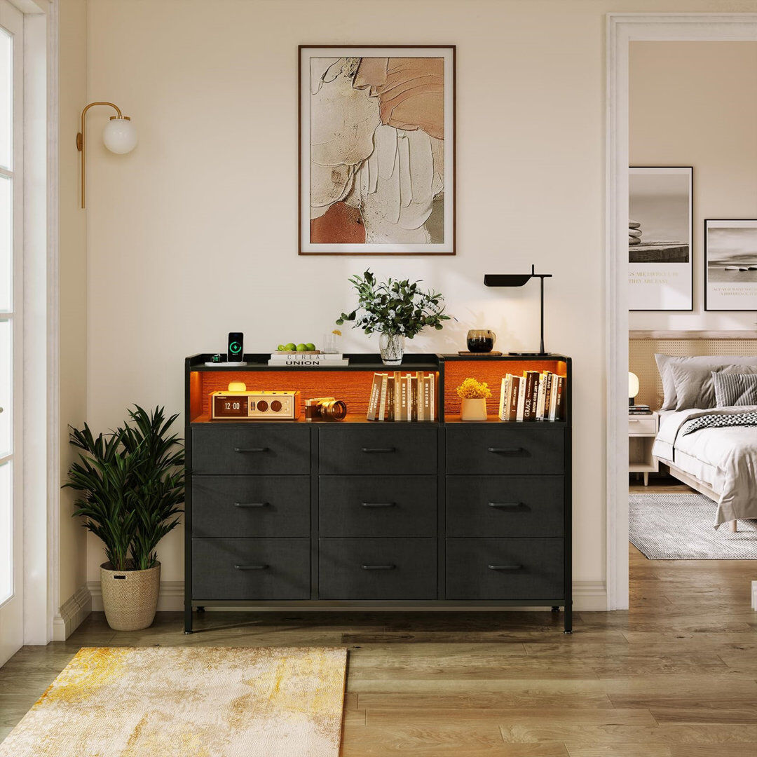 Ivy Bronx Black Chest Of Drawers Bedroom Dresser With 2 Sockets, 2 USB Ports 10 Colored LED Strips With Shelf 9 Fabric Drawers For Bedroom Living Room Black 97cm H X 130cm W X 30cm D