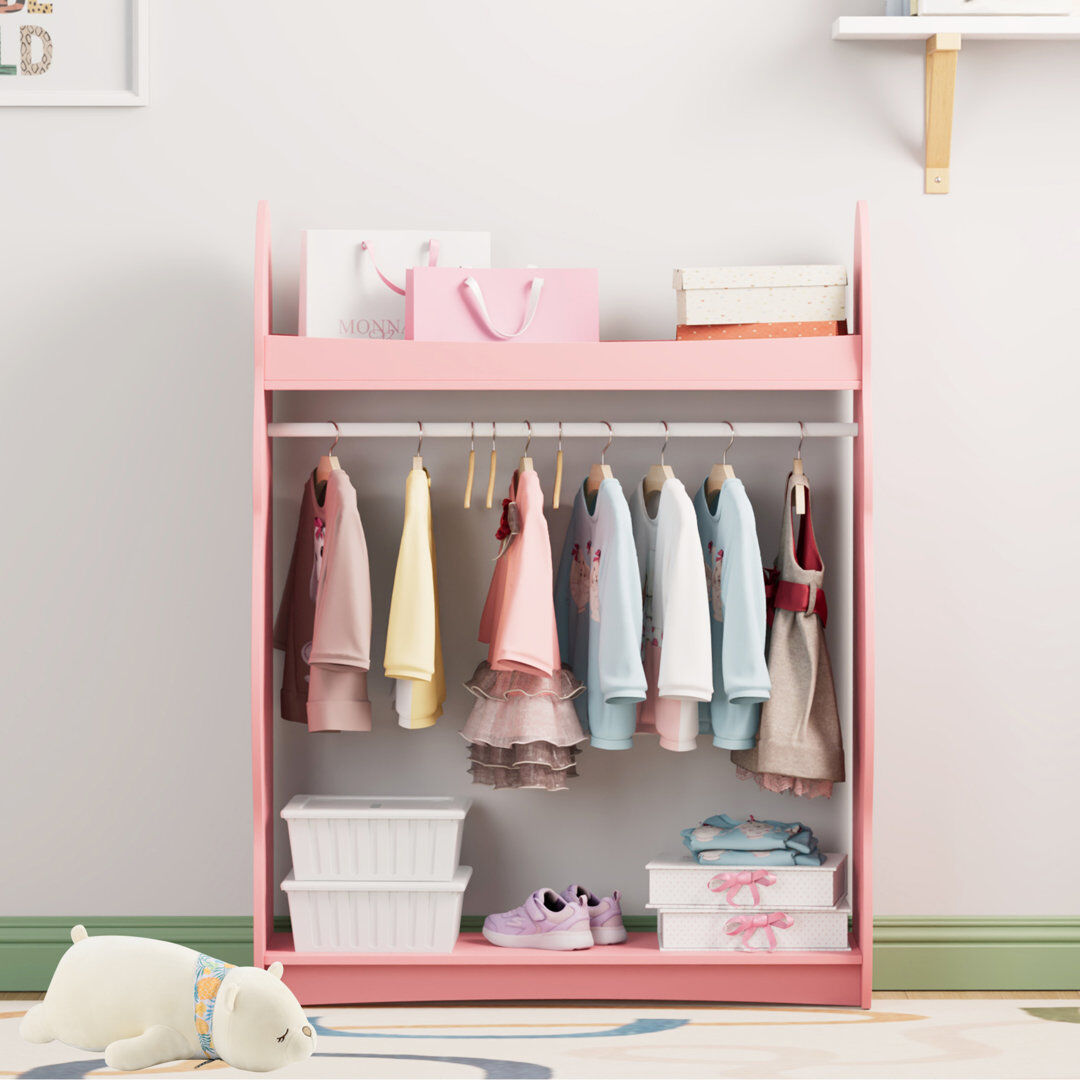 Harriet Bee Kids Wardrobe Closet With Mirror, Cloud Shaped Dress Up Storage, Open Hanging Costume Organizer For Child Room, Playroom,nurseries Pink 106.5cm H X 81cm W X 28cm D