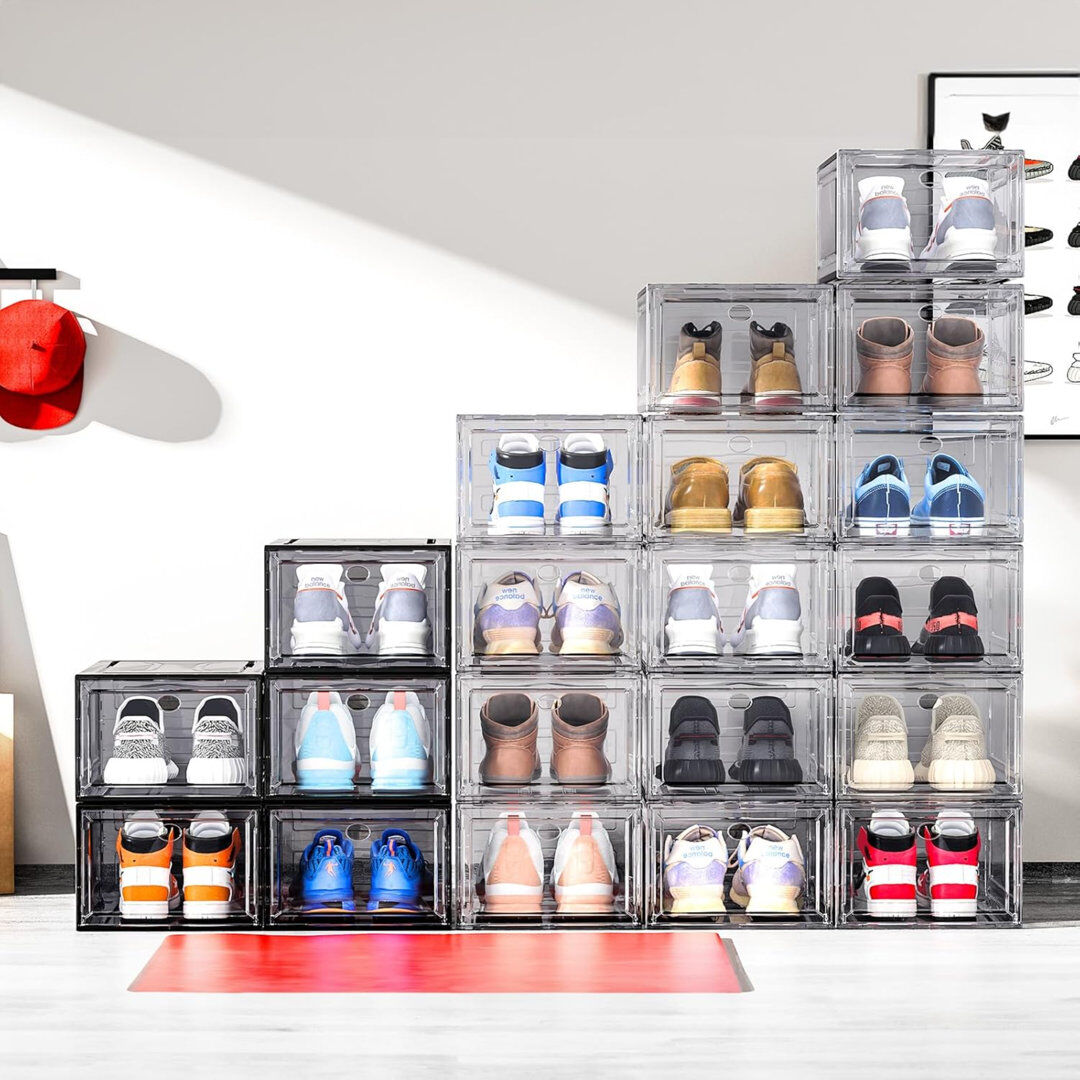 Metro Shoe Storage Box, 6 Pcs Shoe Storage Plastic Stackable, Clear Shoe Box, Foldable Shoe Storage Organiser. Sneaker Display Case, Shoe Box With Magnetic White 9