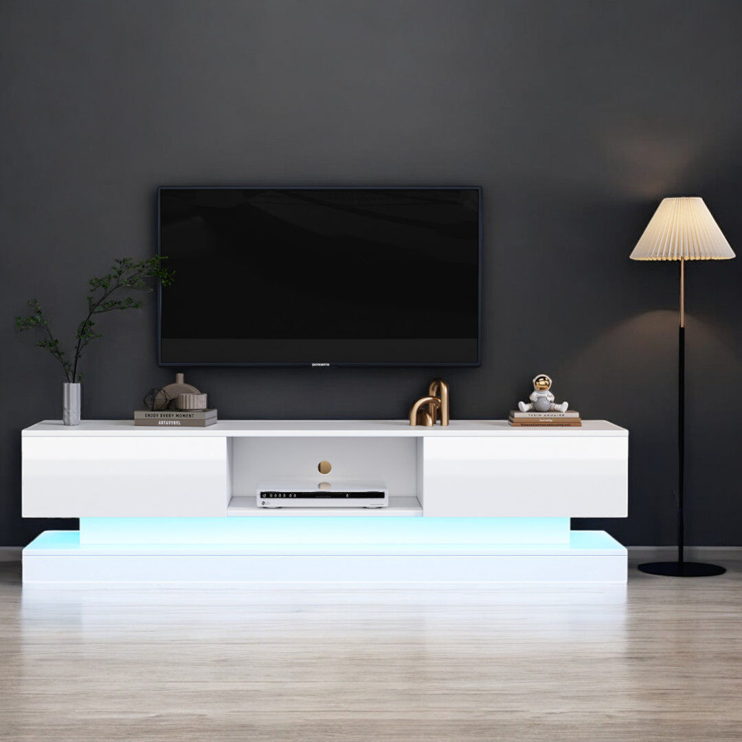 Metro White TV Stand With16 Colour RGB LED Lights High Gloss Front TV Cabinet With 2 Drawers And 1 Open Storage White 70"