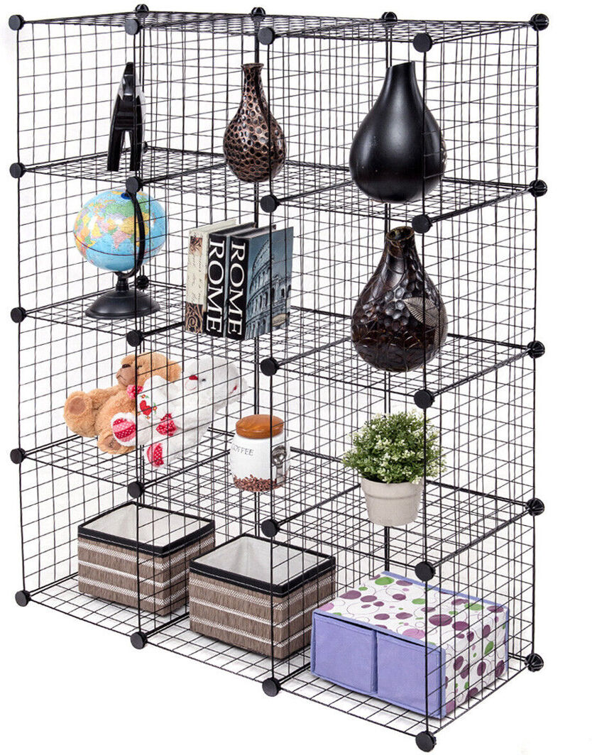 Rebrilliant 12 Cube Storage Shelf Rack DIY Wire Grid Bookcase Display Cabinet Organiser Black 145cm H X 110cm W X 37cm D