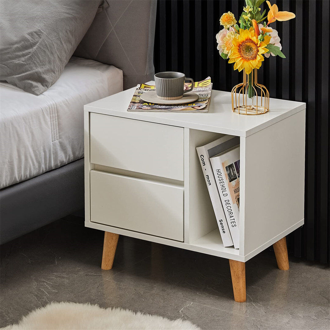 Corrigan Studio Bedside Table With 2 Drawers And 1 Open Shelf Modern Nightstand With Wooden Legs Storage Cabinet For Bedroom Home Furniture White 46.5cm H X 50cm W X 34cm D