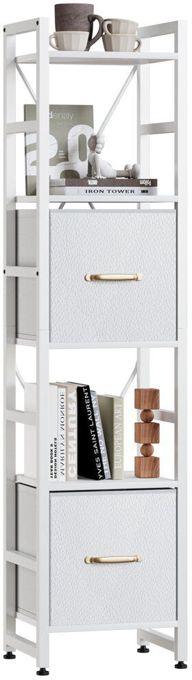 Borough Wharf 5 Tier Bookcase,Tall Narrow Bookshelf With 2PCS Fabric Drawers, Industrial Display Standing Shelf Units With 2 X-Shape Frame, Storage Rack For Living White 154cm H X 30cm W X 30cm D