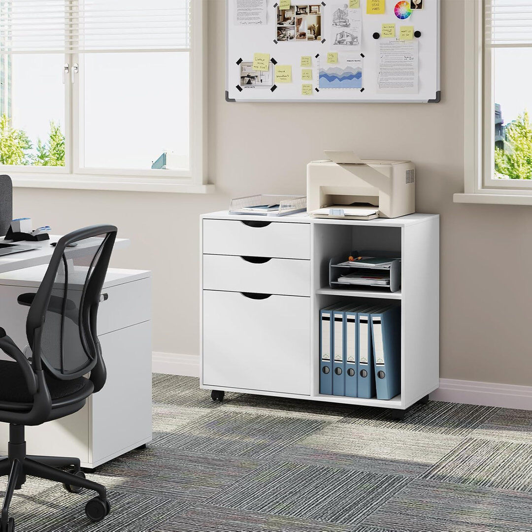17 Stories Rolling Container With 3 Drawers, Mobile Filing Cabinet With 5 Wheels, Office Cabinet With Adjustable Hanging File And Shelf, For Office Home, 80 X 69 White 69.5cm H X 80cm W X 39.5cm D