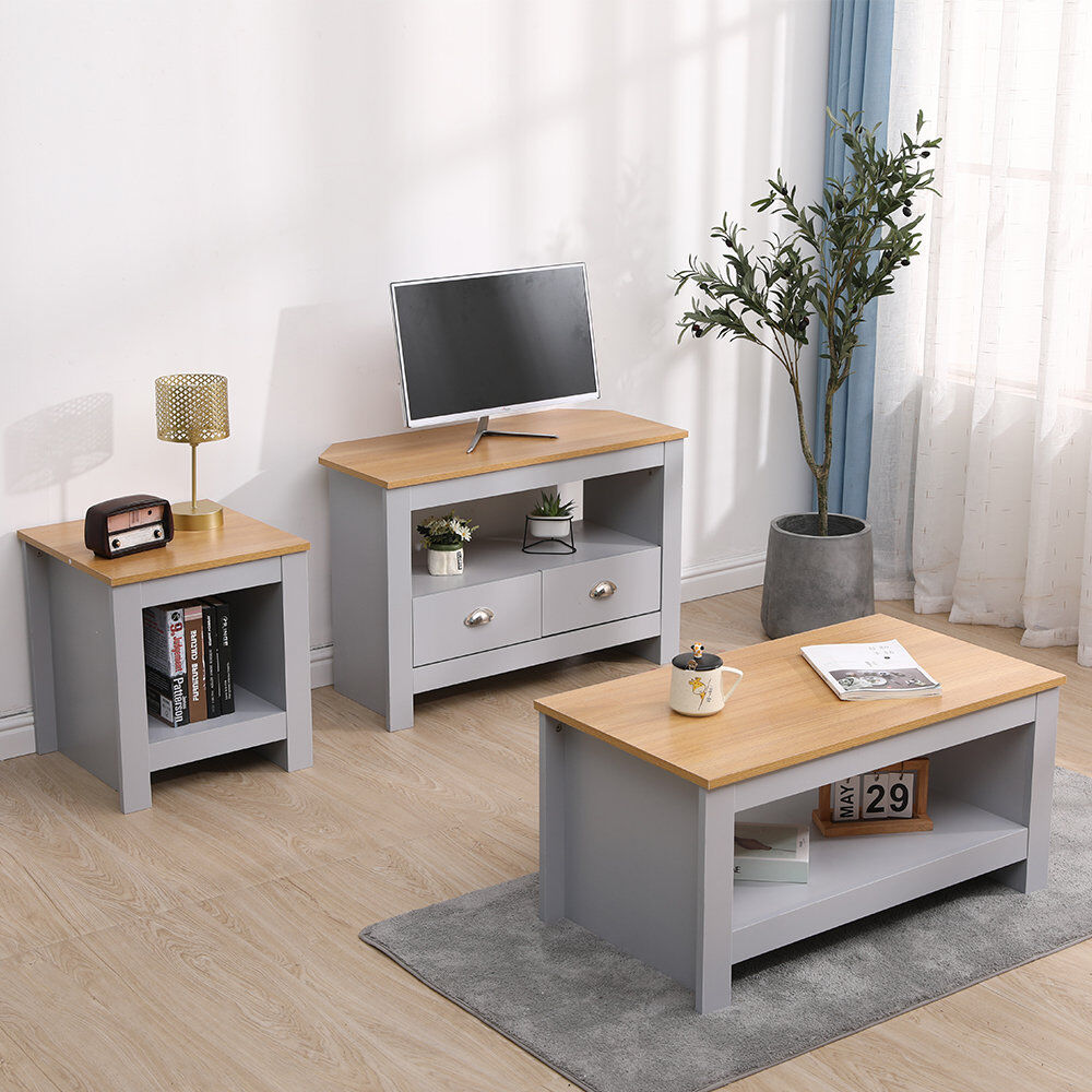 Rosalind Wheeler Living Room 3 Piece Set Small Side Table Corner TV Stand Coffee Table With Shelf Grey And Oak Grey/Oak 32"