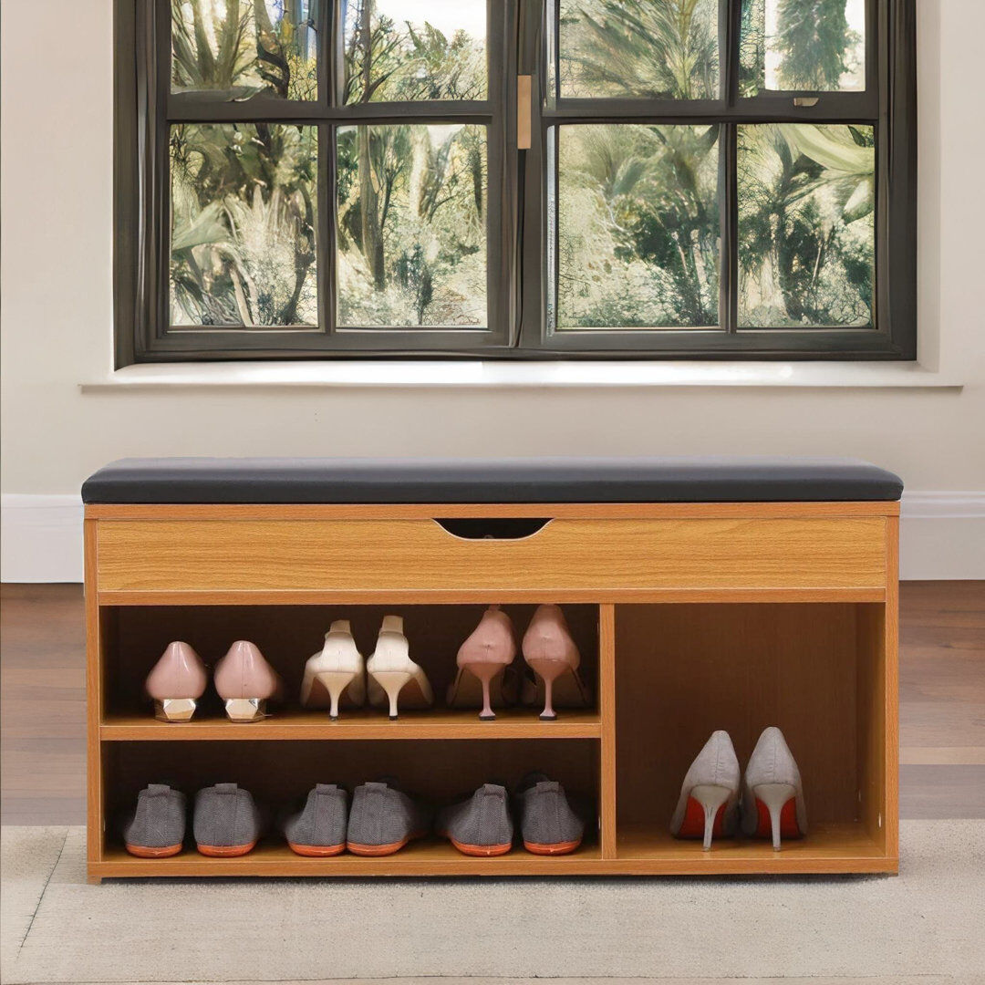 Borough Wharf Pine Wooden Shoe Rack Bench with Cushion Shoe Organiser Storage Shelves Storage Compartment Natural Wood 7
