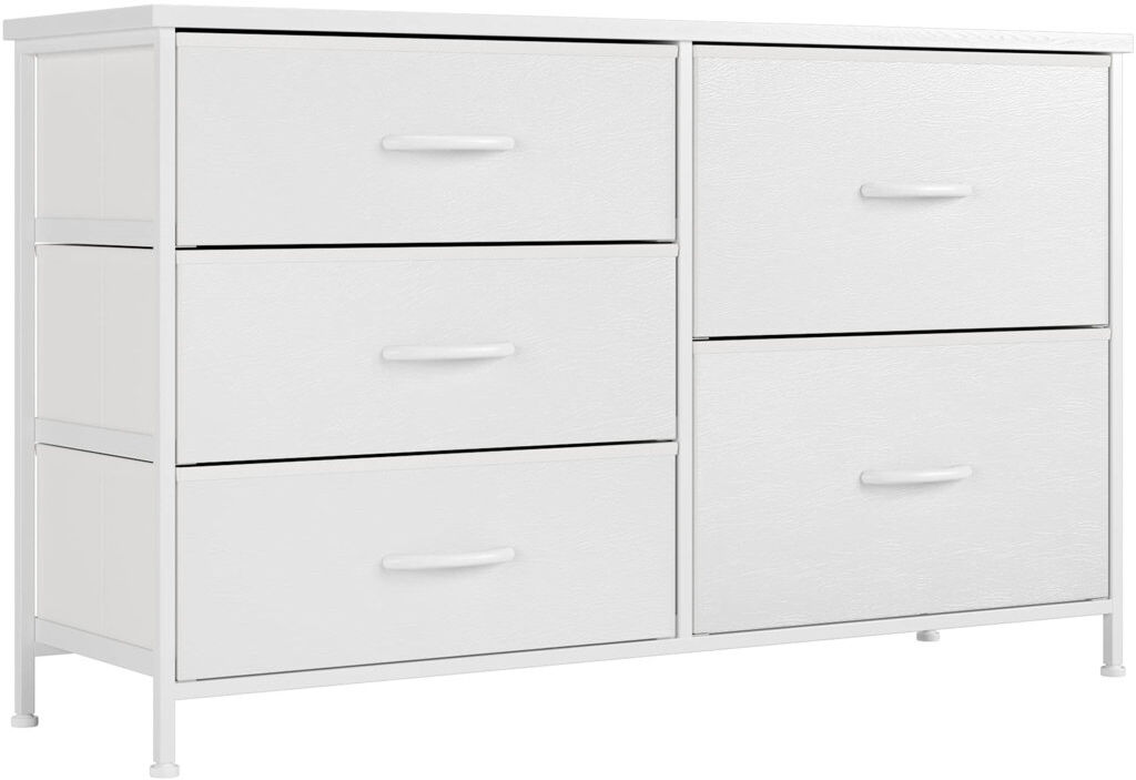 Latitude Run White Dresser For Bedroom With 5 Drawers, Small Dresser For Kids' Bedroom, Closet, Wide Chest Of Drawers With Storage Drawers, Wooden Top, Steel Frame White 61cm H X 100cm W X 30cm D