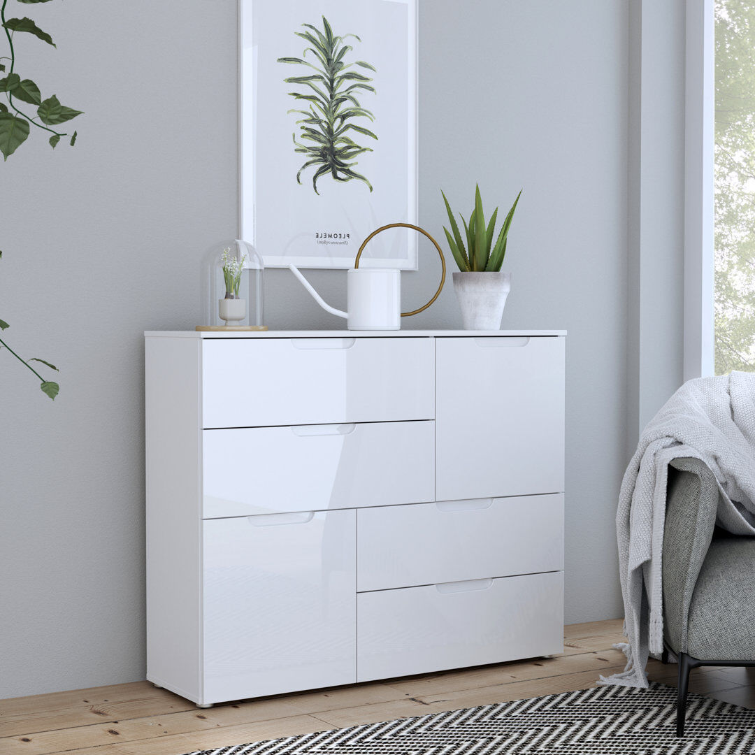 17 Stories Raiana 2 Door 4 Drawer Abstract Small White Gloss Sideboard High Gloss White Fronts and Top/Matt White Body 84.9cm H X 110.1cm W X 34.4cm D