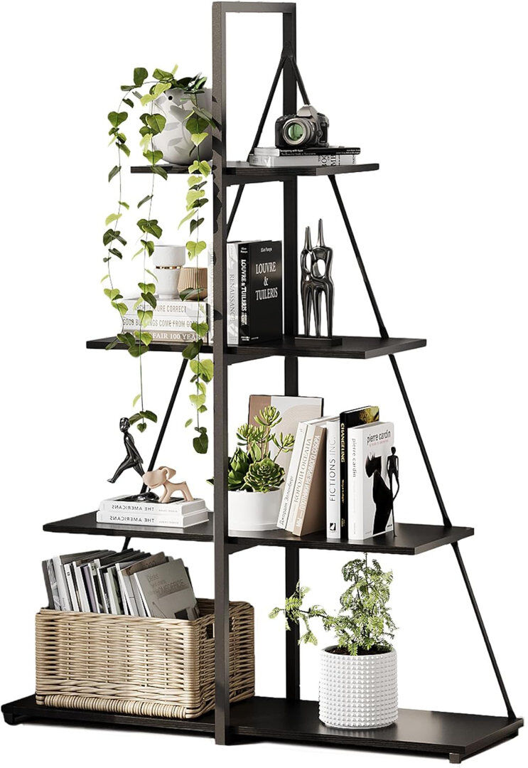 Borough Wharf 4-Tier Ladder Bookshelf, 56-Inch Tall Sailboat A-Frame Bookcase – Sturdy Wooden Storage Shelves for Books, Trophies and Ornaments,Stylish Home Decorat Black 142.98cm H X 101.52cm W X 33.99cm D