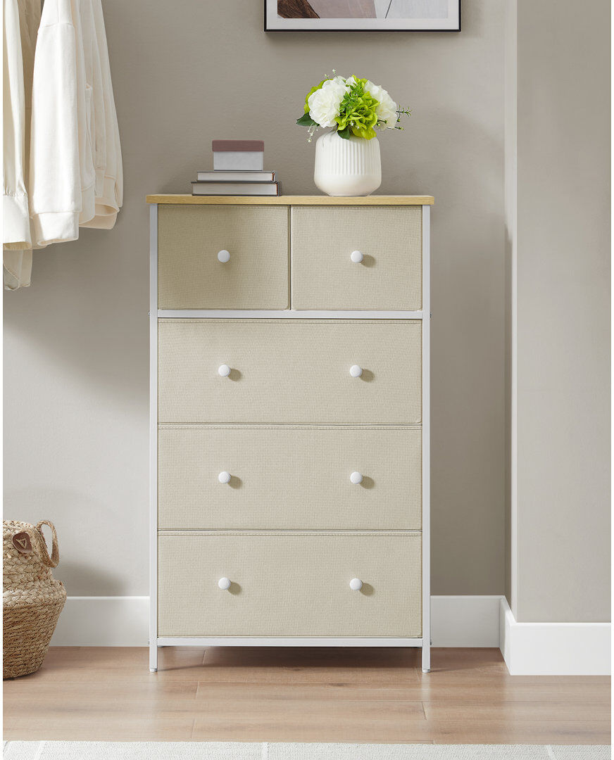 Borough Wharf Chest Of Drawers, Fabric 5-Drawer Storage Organiser Unit, Dresser, For Living Room, Hallway, Nursery Camel Yellow/Cream White 93cm H X 56cm W X 30cm D