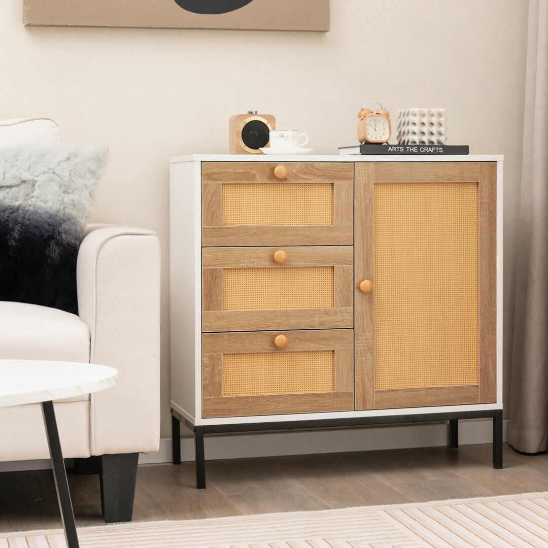 17 Stories Rattan Buffet Cabinet Storage Sideboard Bar Accent Cabinet 1 Door And 3 Drawers White;Yellow 80cm H X 80cm W X 35cm D