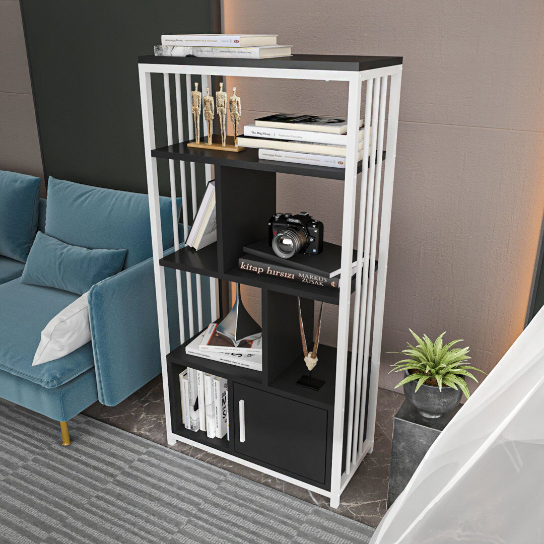 Fairmont Park 4-Tier Modern Bookcase Bookshelf with a Cabinet White/Black 120cm H X 60cm W X 29.6cm D