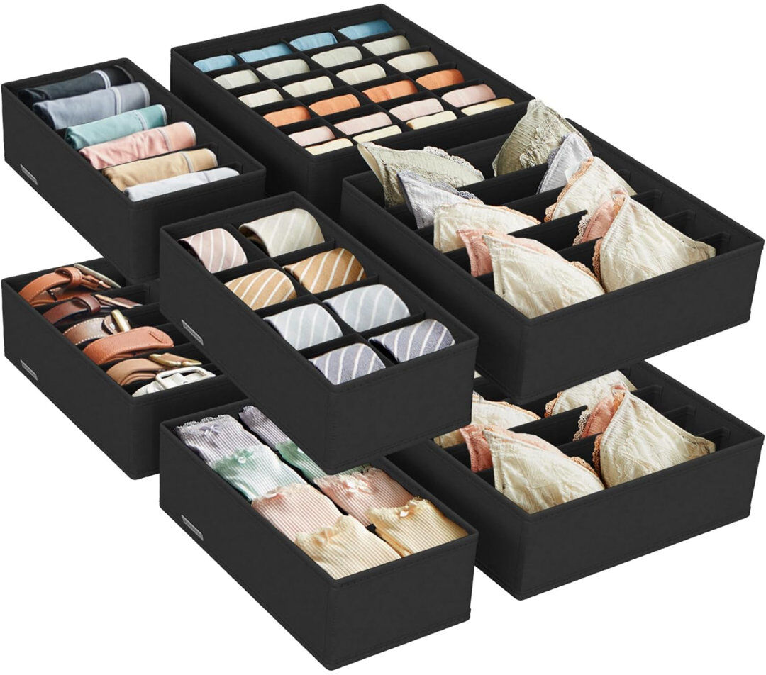 Ebern Designs Set Of 8 Underwear Drawer Organisers, Drawer Dividers, Foldable, For Bras Undies Socks Ties, Fabric Storage Boxes For Closet Wardrobe Shelves, RUS008M Black 32cm H X 32cm W X 10cm D