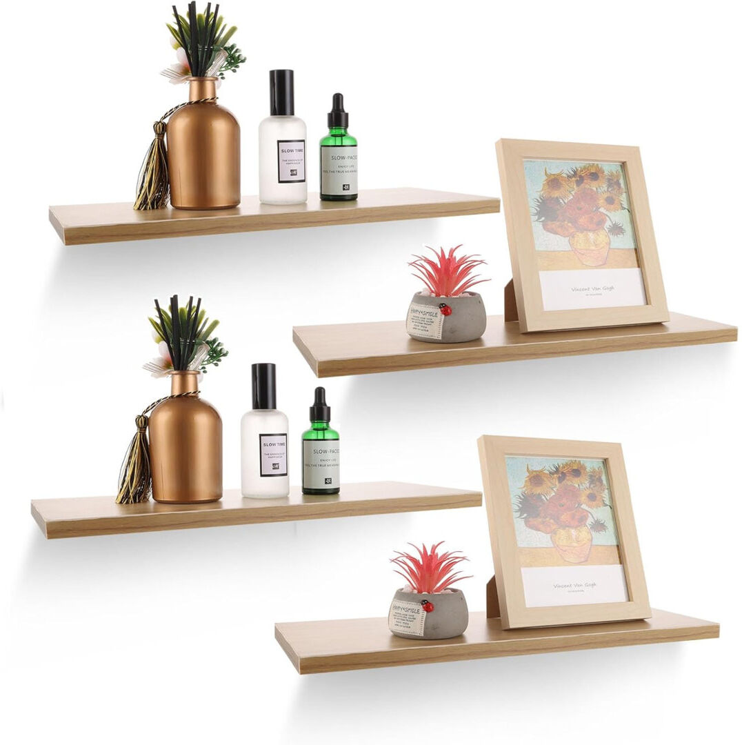 17 Stories 4 Pack Floating Shelves, 40Cm Shelves For Wall, Rustic Wooden Wall Shelves Book Shelves For Office, Bedroom, Living Room And Kitchen Display Storage Brown 15cm H X 40cm W X 2cm D