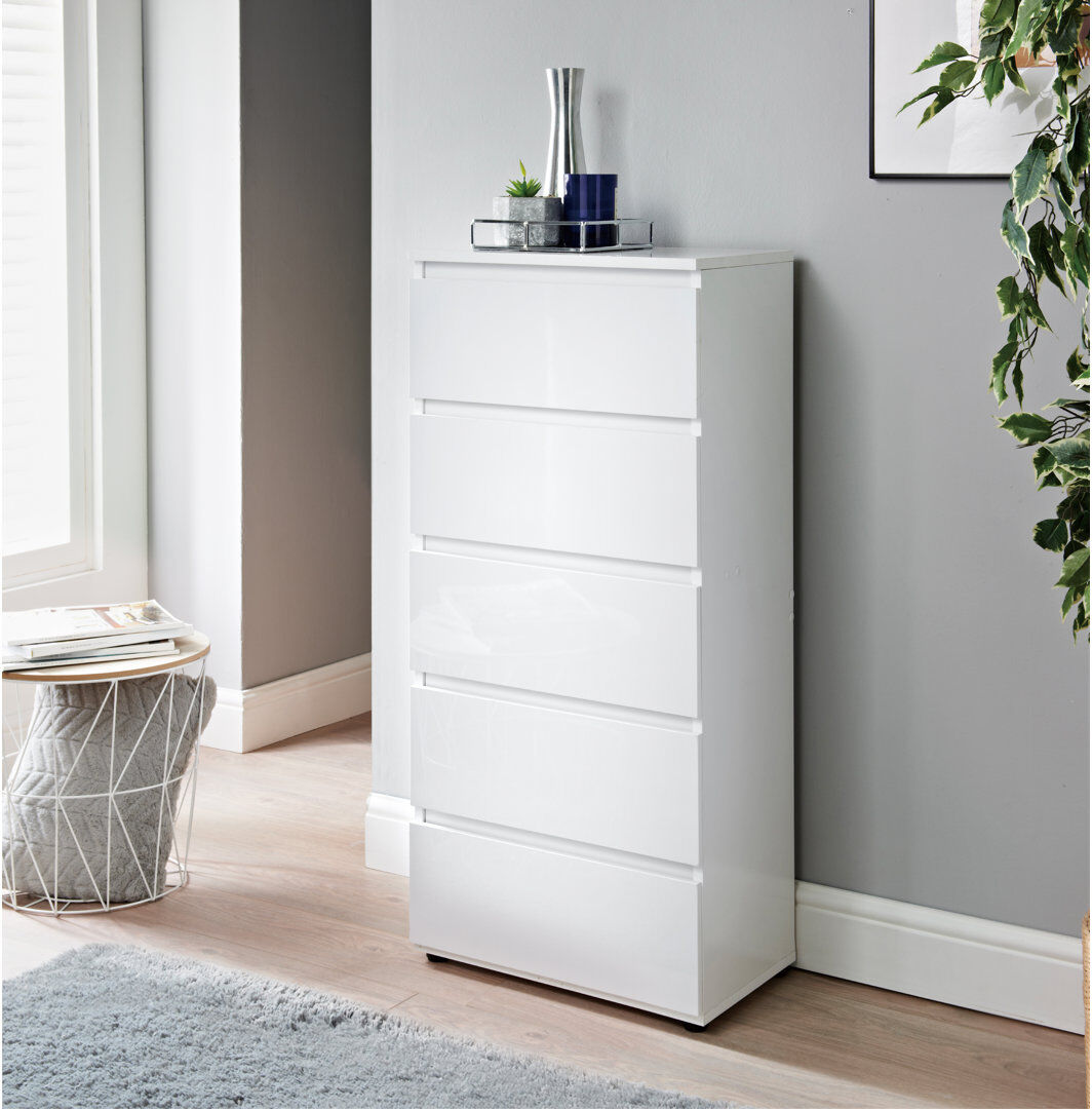 Ebern Designs Atilano 5 Drawer 48Cm W White Chest of Drawers Bedroom Modern Slim Side Storage Display Cabinets Furniture White 104cm H X 48cm W X 29cm D