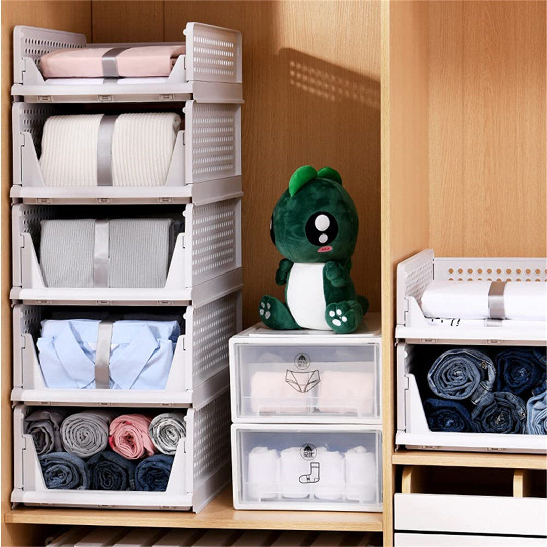 Rebrilliant Plastic Stackable Clothes Drawers For Wardrobe, Basket For Shelves, White 18.5cm H X 32.5cm W X 43cm D