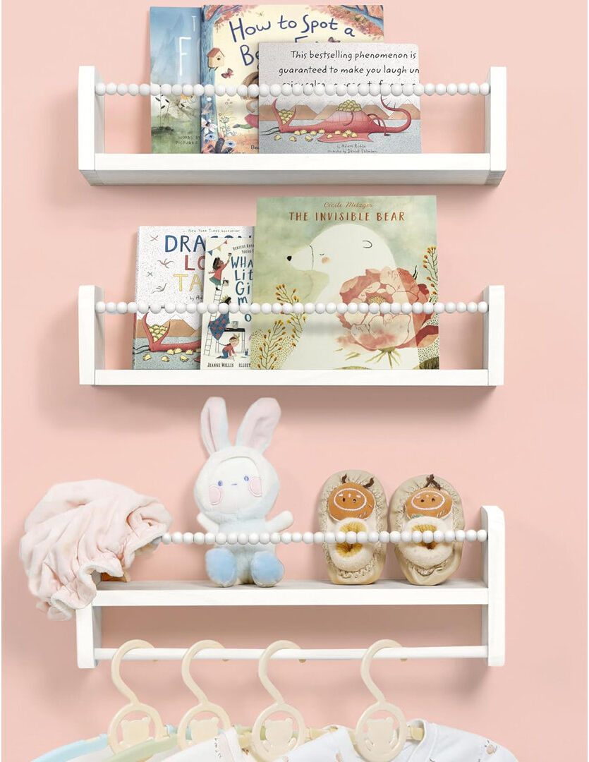 Isabelle & Max Natural Pine Nursery Floating Shelves Set of 3 with Safety Beaded Bar 40cm Wood Wall Shelves for Kids' Books & Toys Child-Safe Storage (white) White 38.1cm H X 101.6cm W X 25.4cm D