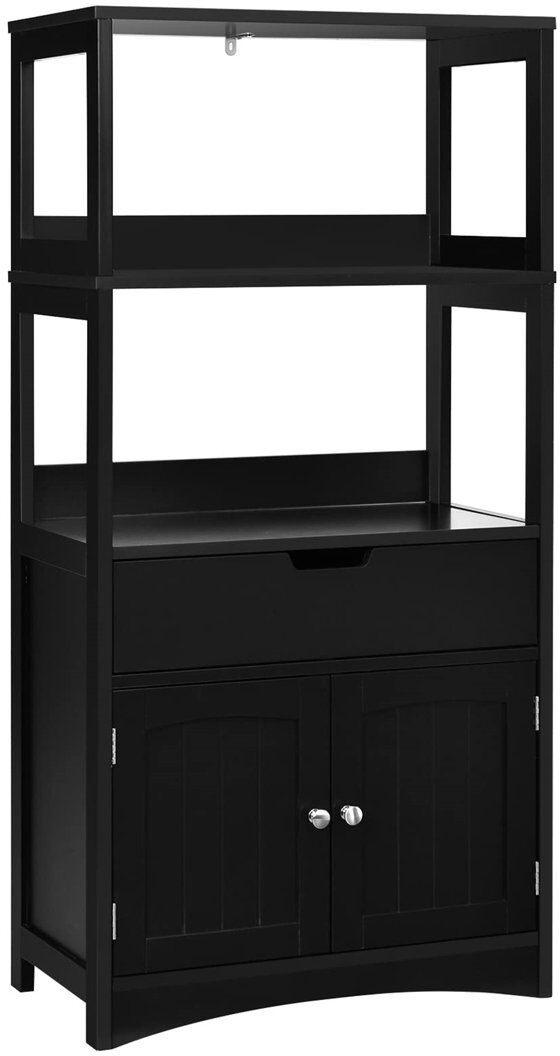 Artechworks Kitchen Cupboard, Freestanding Wooden Floor Storage Cabinet With 3 Open Shelves, 1 Drawer And 2 Doors, Bathroom Hallway Storage Organizer Unit (White) Black 107cm H X 60cm W X 32cm D