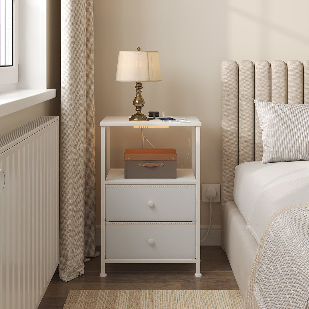 Latitude Run Set Of 2 Bedside Tables With Charging Station, Nightstands Bedside Cabinets With Led Lights, 2 Drawers 1 Open Shelf, Side Tables For Living Room Bedro White 60.3cm H X 40cm W X 30cm D