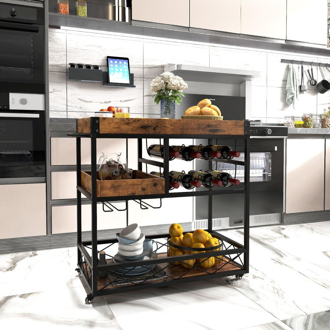 Borough Wharf 3-Tier Industrial Kitchen Serving Cart Rolling Bar Serving Trolley W/ Wine Rack Brown 83cm H X 80cm W X 40cm D