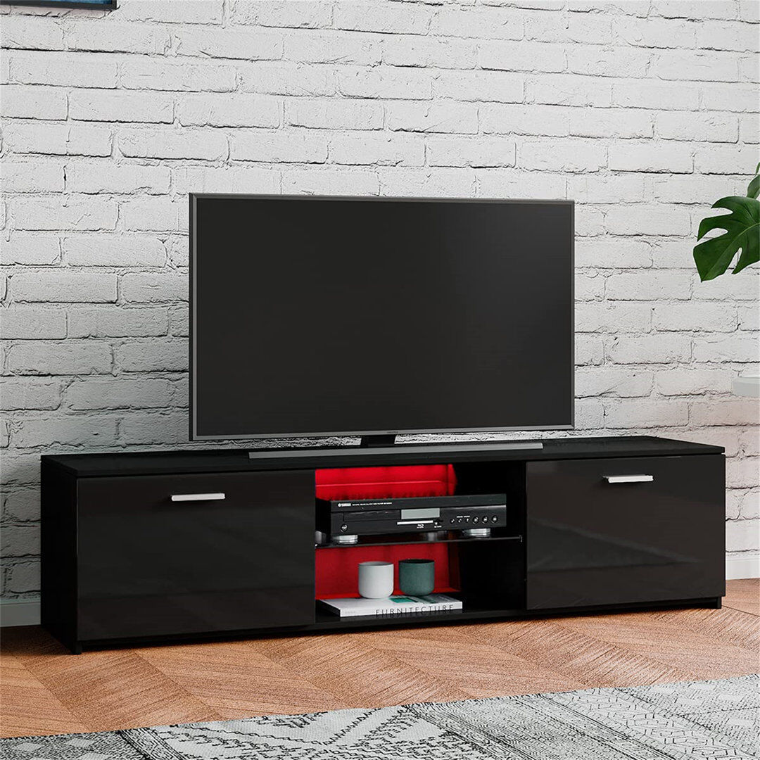 Latitude Run TV Unit Cabinet Stand Two Doors Sideboard With LED Lights Television Stands Cabinet 2 Open Media Storage For Tvs Up To 65 Inches (Black) 65"