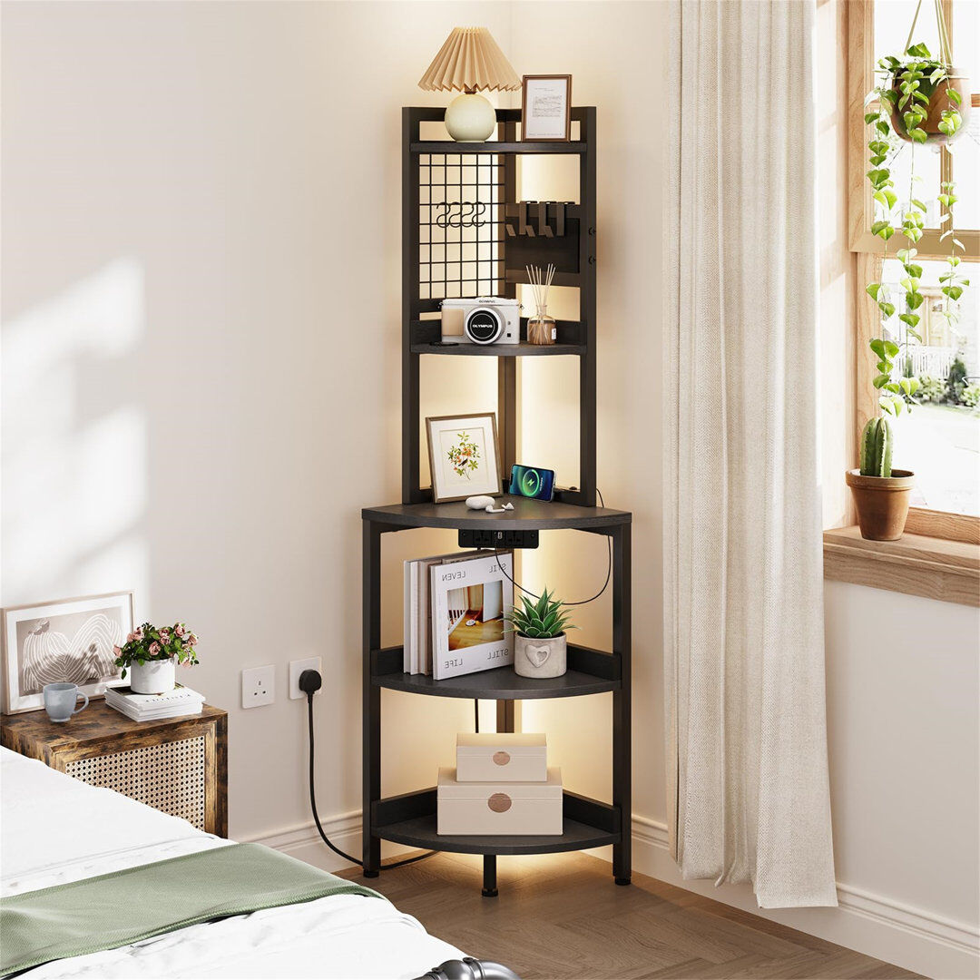 Brayden Studio Tall Corner Shelf With Power Socket And Light Strip, 5-Tier Freestanding Industrial Corner Bookshelf Plant Shelf Black 30cm W