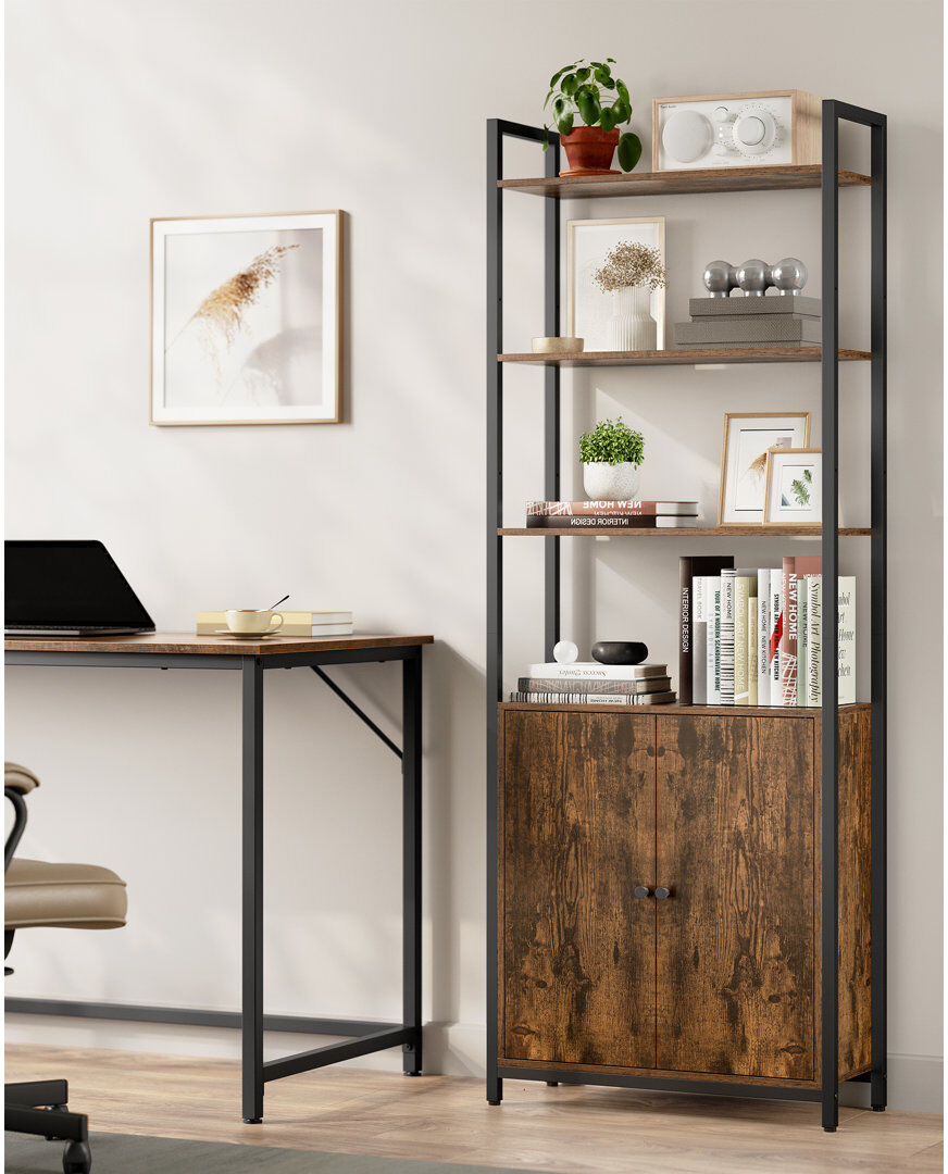 Borough Wharf 6-Tier Bookcase, Tall Bookshelf With Door, Metal Frame, Adjustable Shelves, 24 X 60 X 159.5 Cm, Living Room Bedroom Rustic Brown/Ink Black 60cm W X 24cm D