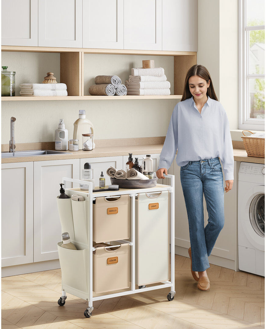 Latitude Run Metal Rolling Laundry Basket with Handles Natural Beige/Camel Brown/Cream White 80.5cm H X 68.6cm W X 33cm D