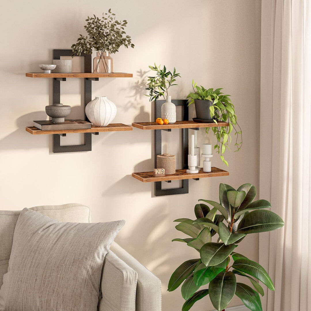 Borough Wharf Floating Shelves, Wall Shelves Set Of 2, Wall Mounted Storage Shelves 2-Tier, Wall Display Racks, Hanging Bathroom Shelves, For Kitchen, Living Room, Black;Brown 40cm H X 38cm W X 13cm D