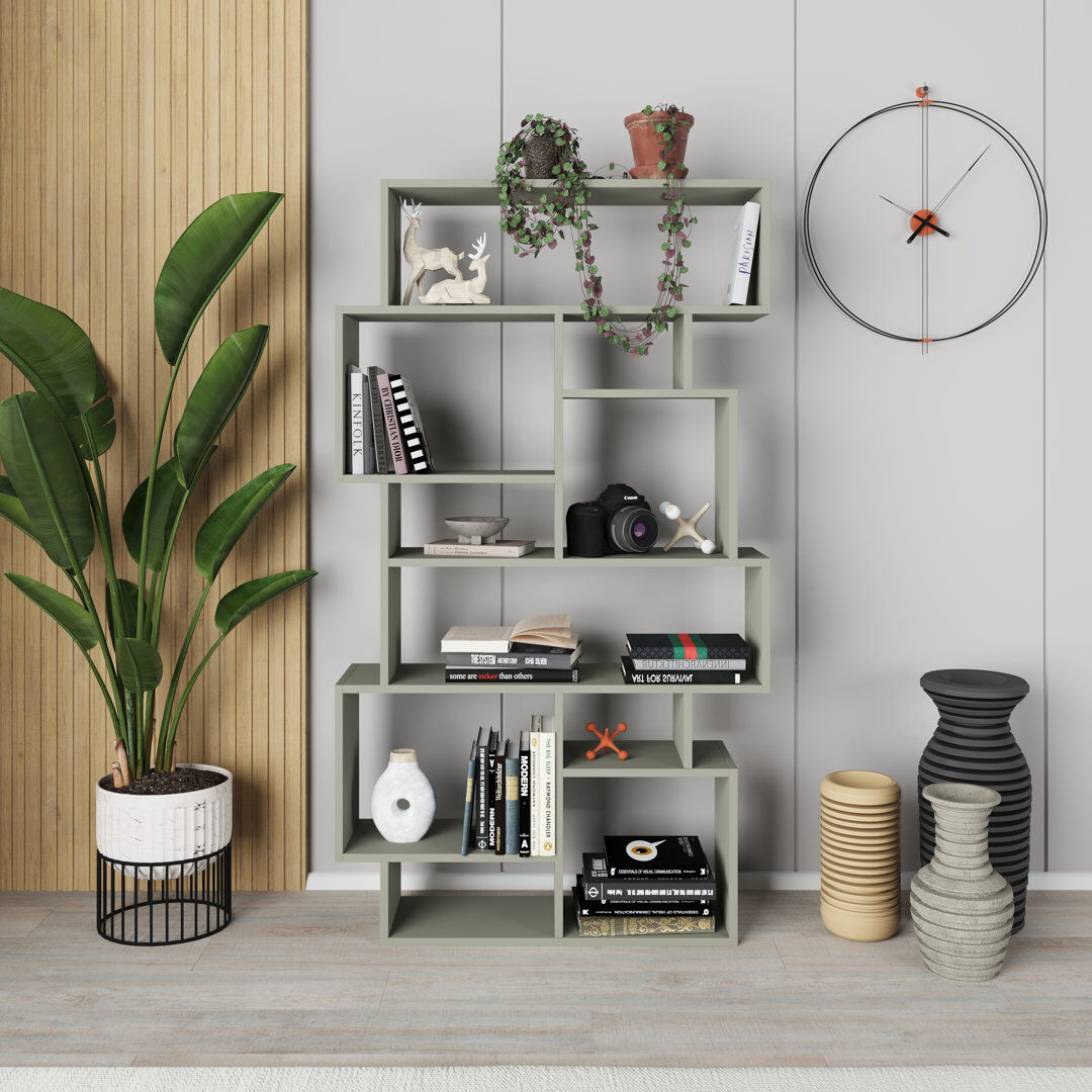 Zipcode Design Sandra Bookcase Asymmetric Freestanding Bookcase with 10 Compartments Ash Green 427.99cm H X 243.84cm W X 64.77cm D