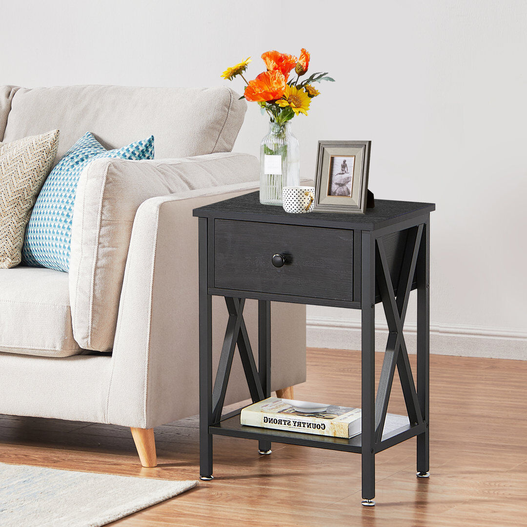 Borough Wharf NS Bedside Table W/ Drawer Storage Shelf Cabinets Bedroom Living Room Nightstand Black 55cm H X 40cm W X 30cm D