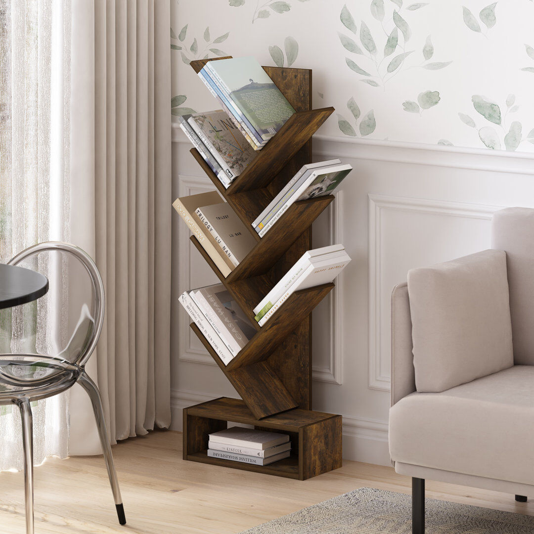 17 Stories Furinno Tree Bookshelf 7-Tier Floor Standing Tree Bookcase with Bin Drawer Amber Pine 117.3cm H X 42.9cm W X 21.41cm D