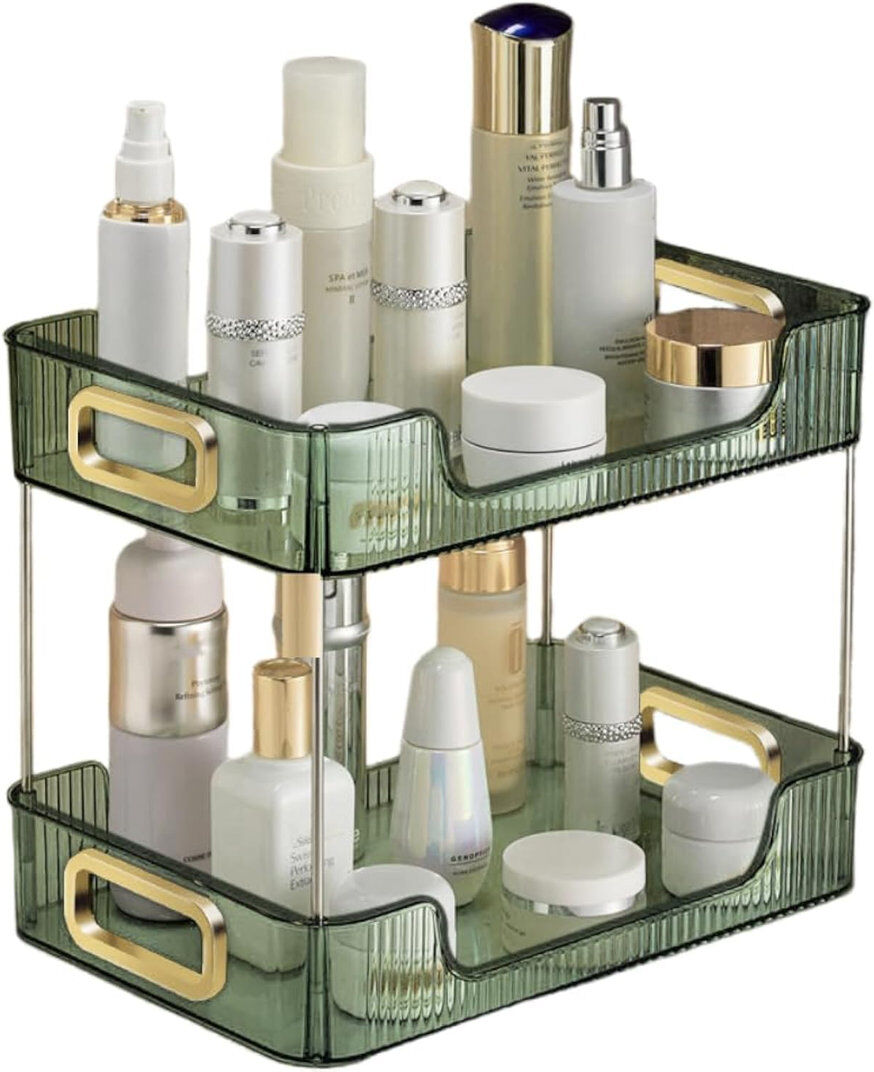 Ivy Bronx 2-Tier Bathroom Counter Organizer, Vanity Tray, Cosmetic & Skincare Storage Shelf. Green 26.5cm H X 33.5cm W X 8.6cm D